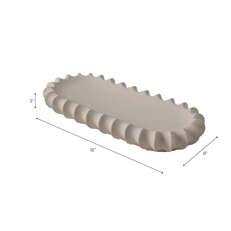 Ceramic Decorative Tray Sculpted Edge Design Modern Decor - 3" Ivory - 18" x 8" x 3"