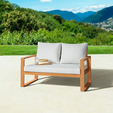 Grafton Eucalyptus 2-Seat Outdoor Bench with Gray Cushions