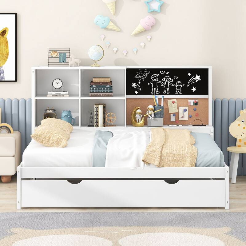 Full Size Wood Daybed with Storage Shelves, Blackboard, Cork Board, USB Charging Ports, and Trundle