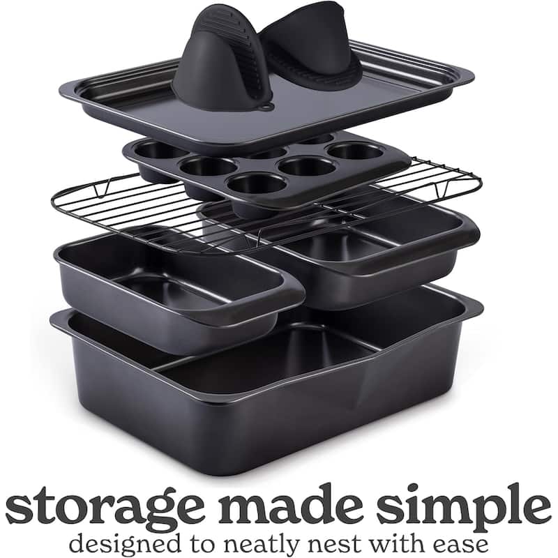 Country Kitchen 8-Piece Bakeware Set, Nonstick Baking Pans & Nesting Baking Sheets, Durable Steel, Grey