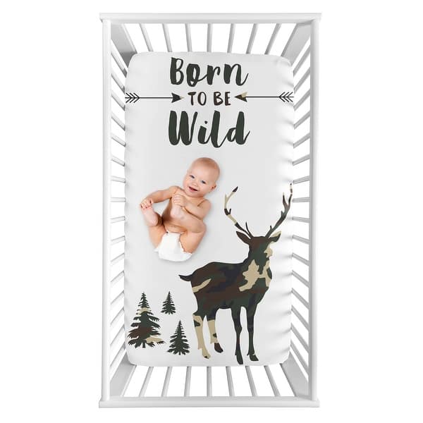 slide 2 of 2, Woodland Camo Deer Collection Boy Photo Op Fitted Crib Sheet - Beige, Green and Black Rustic Forest Animal Camouflage