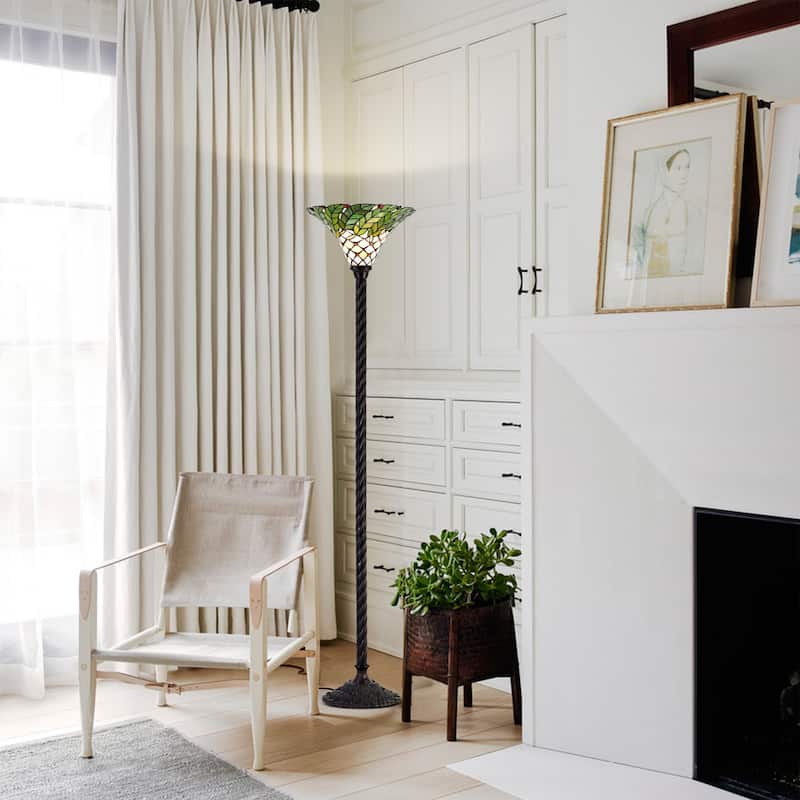 Tiffany-style Green Leaf Torchiere Lamp