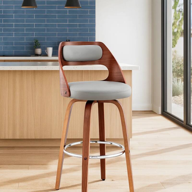 30 Inch Leatherette Barstool with Cut Out Back, Gray and Brown