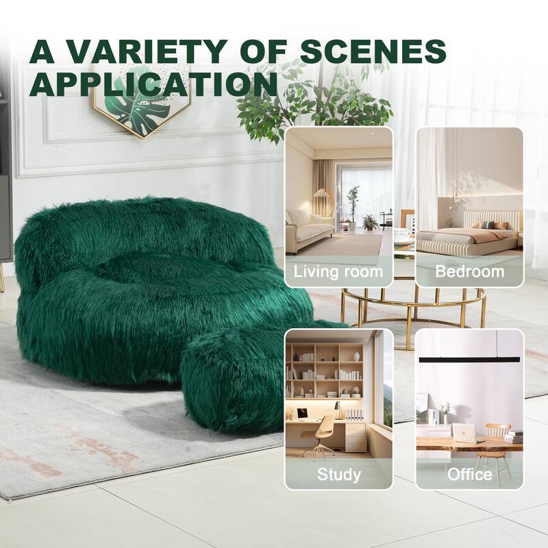 Plush Upholstered Round Comfort Lounger Bean Bag Chair with Ottoman
