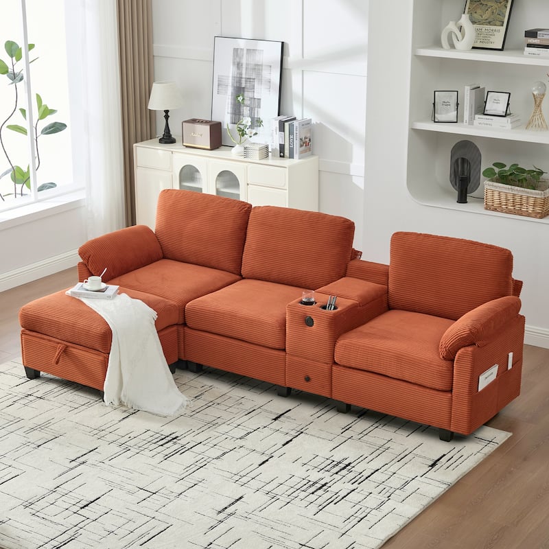 HOMEFUN Corduroy Upholstered L-Shaped 4-seater Storage Multifunctional Sectional Sofa with Storage Ottoman,Cup Holder and USB - Orange