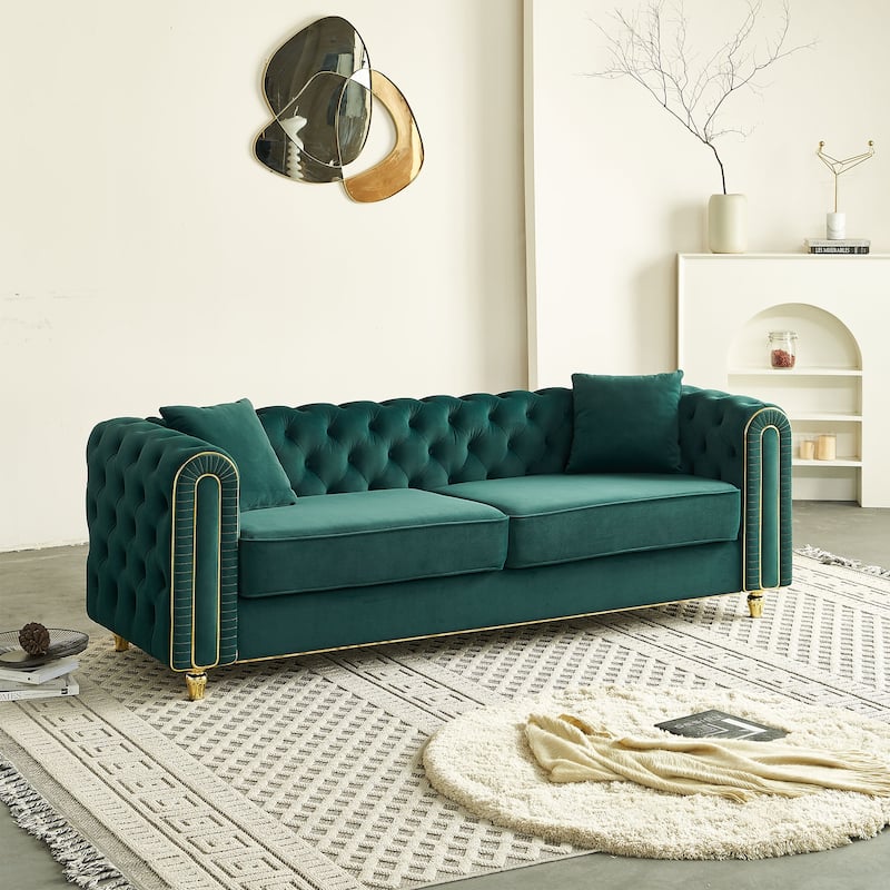 Green Accent Couch 3-Seater Sofa Couch with Pillows, Vintage Settee Lounge Sofa Couch for Living Room