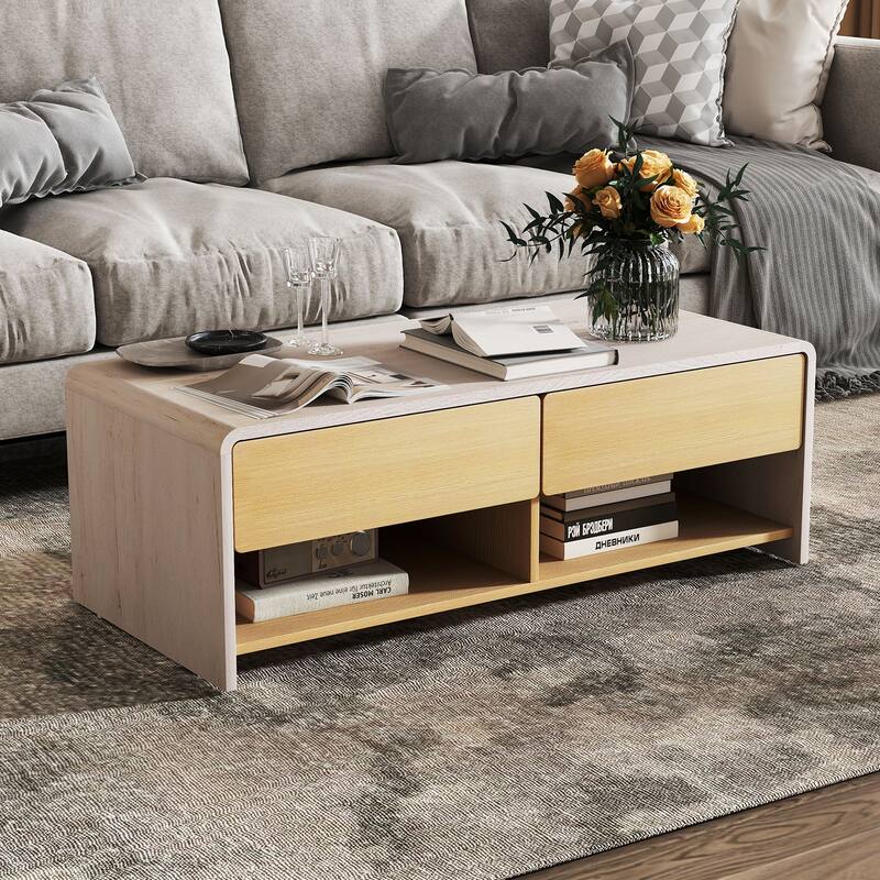 Modern Coffee Table with Hidden Handle 2 Drawers and Open Shelves for Living Room - 43" x 20" x 15"