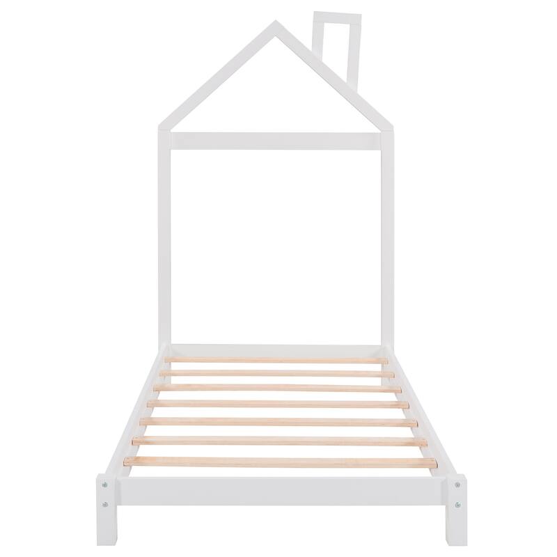 Wood Platform Bed with House-Shaped Headboard