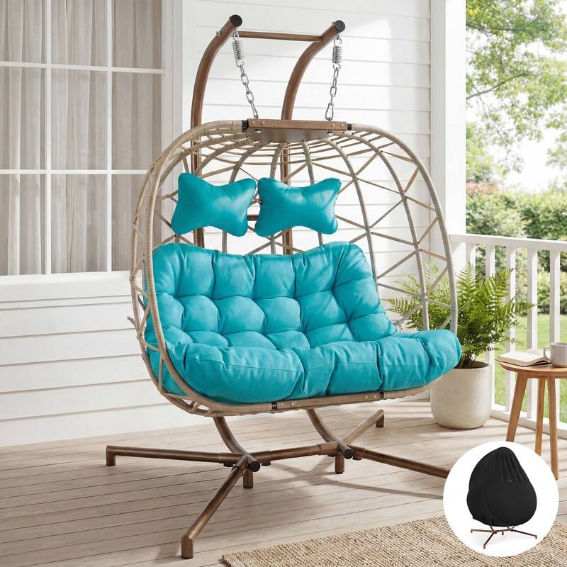 Oversized Outdoor Double Hanging Egg Chair with Cushions, 700 lbs Capacity Swing Chair for Indoor or Patio - Teal/Beige-Cover