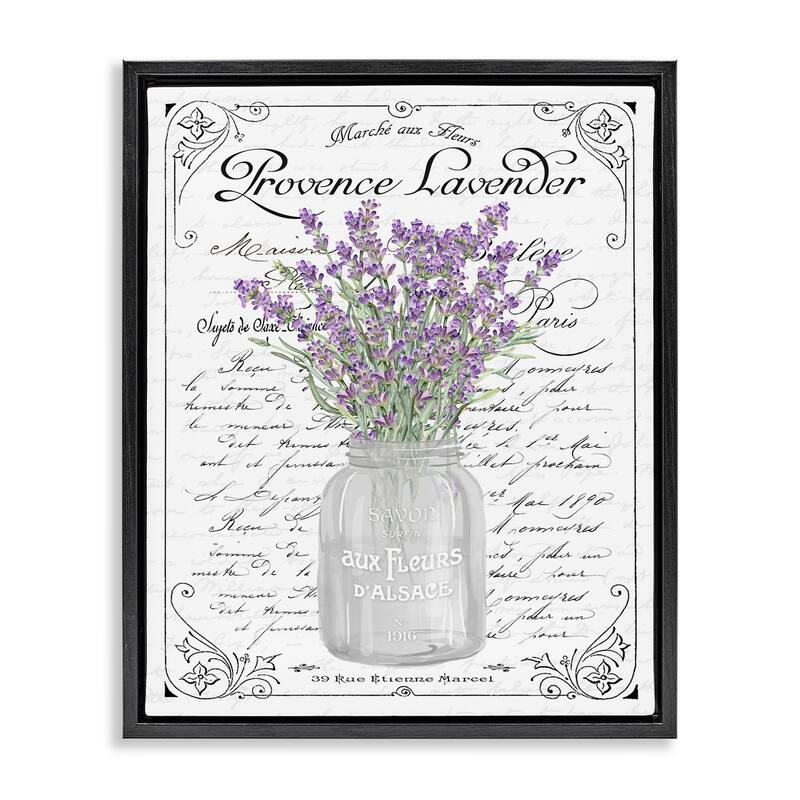 Stupell Lavender Sprigs Bouquet Ornate French Script Motif Floater Frame, Design by Lettered and Lined - 25 x 31 - Black