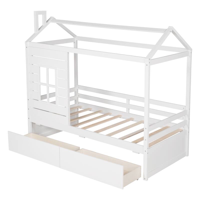 Twin Size Wood House Bed with Two Drawers, White