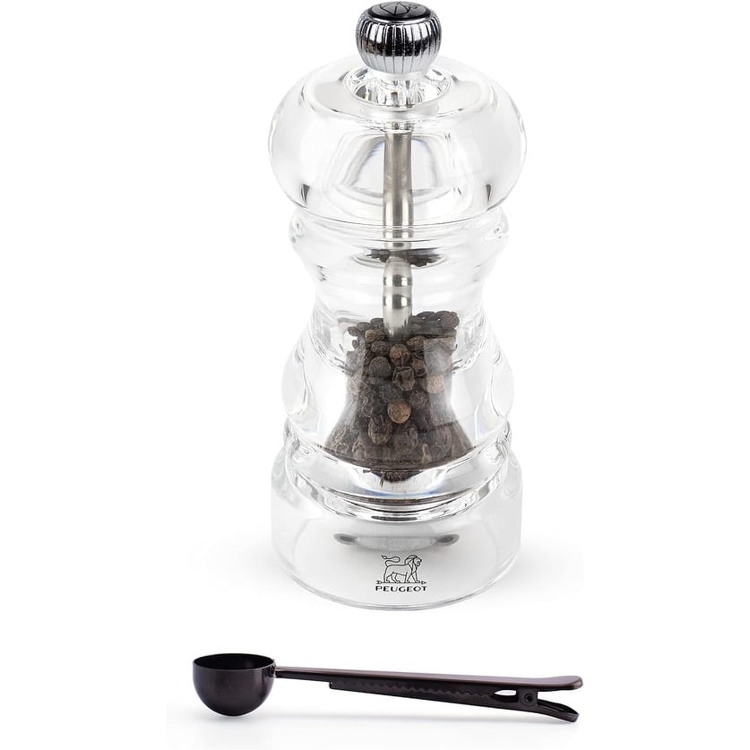 Peugeot Nancy Acrylic Manual Pepper Mill - Transparent Adjustable Grinder Gift Set- With Stainless Steel Spice Scoop/Bag Clip