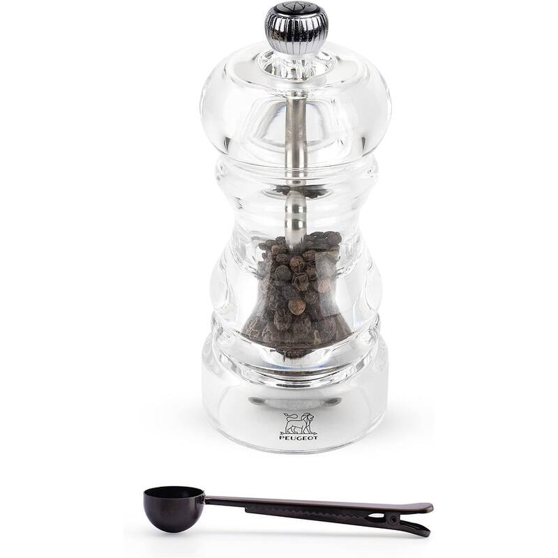 Peugeot Nancy Acrylic Manual Pepper Mill - Transparent Adjustable Grinder Gift Set- With Stainless Steel Spice Scoop/Bag Clip - Clear - 2 Piece