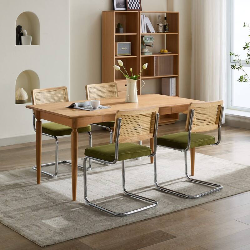 Mid Century Modern Dining Chairs Set of 2, Natural Cane Back & Stainless Chrome Base, Upholstered Rattan Kitchen Chairs