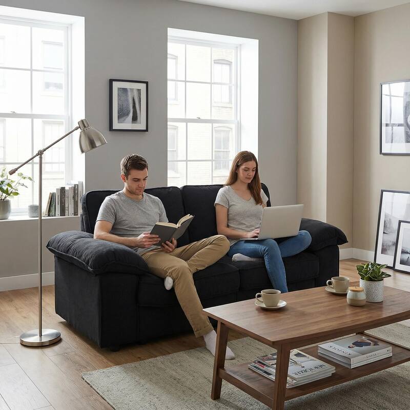 Roomfitters Modern Overstuffed Upholstered Sofa with Hidden Storage and Padded Arms, Comfy Loveseat for Small Space