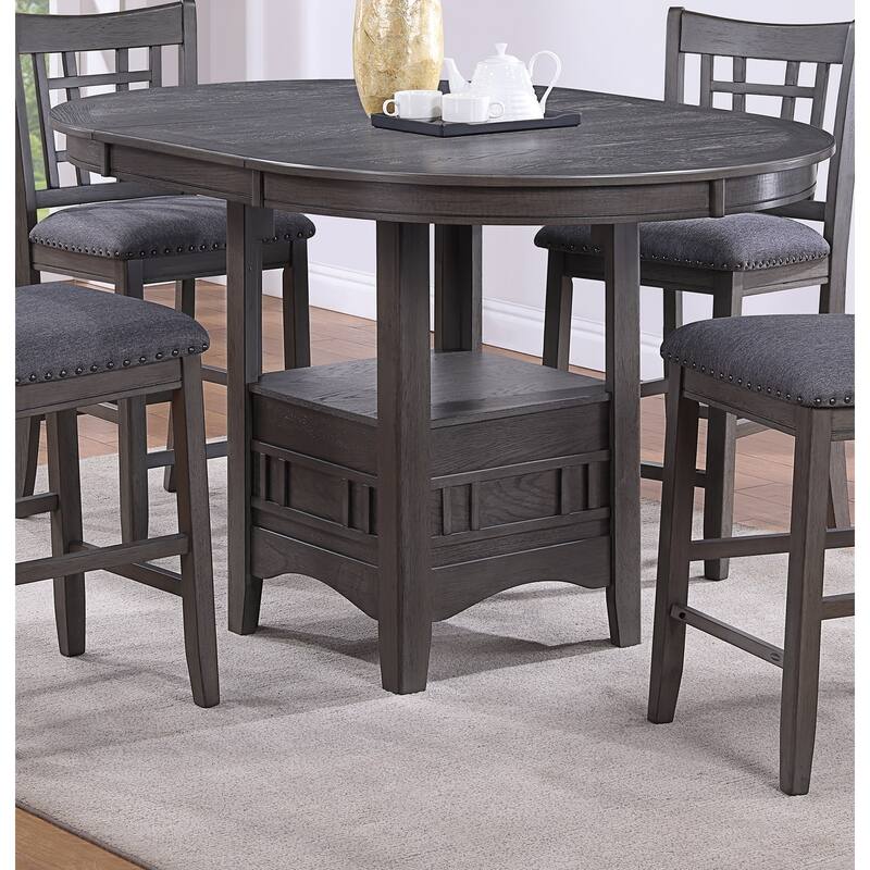 Dining Table Round Counter height Dining Table w Shelve 1pc Table Only Built In Leaf Solid wood Gray Finish