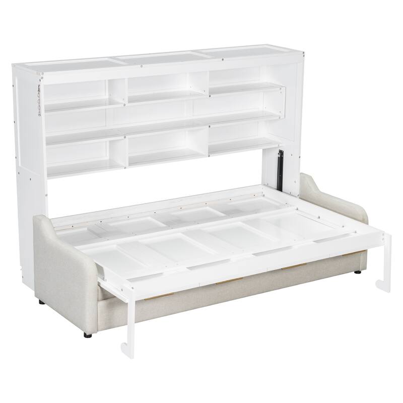 Roomfitters Murphy Cabinet Bed with Foldable Sofa, Built-in Storage Shelves and LED Lighting, Space-Saving Wall Bed, Beige