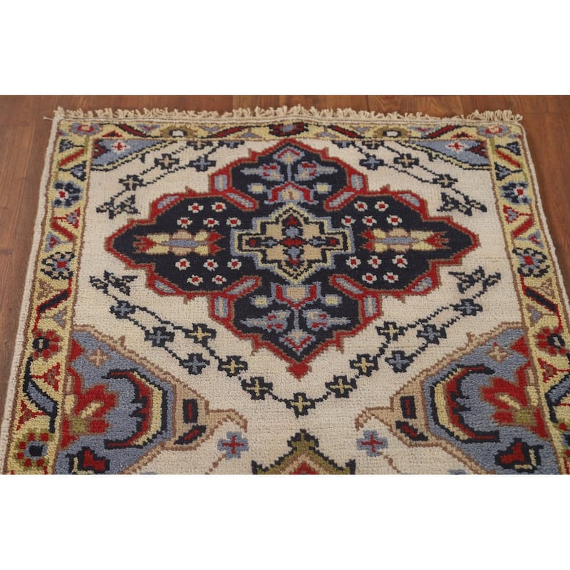 Geometric Beige Kazak Runner Rug Handmade Hallway Wool Carpet - 2'7" x 10'0"