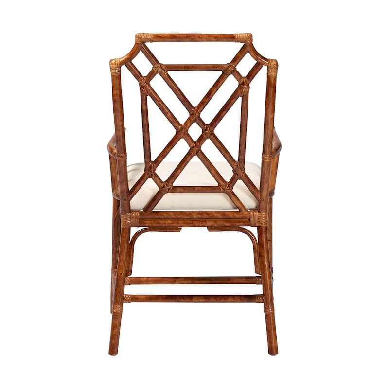 Esmery Marbled Tortoise Natural Rattan Dining Chair - Handcrafted Wicker Armchair with Crisscross Back, Boho Coastal Seating