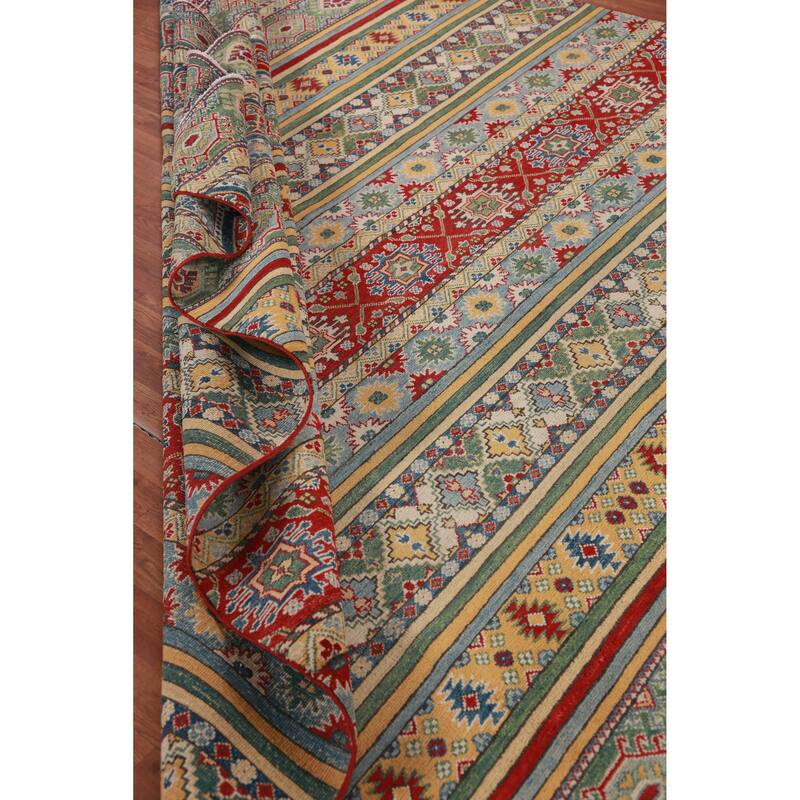 Hand Knotted Oriental 100% Wool Carpet Traditional Geometric Multi-Colored Kazak Area Rug - 11' 3'' X 9' 1''