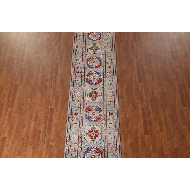 Grey Kazak Runner Rug Handmade Geometric Wool Carpet - 2'9" x 13'5"