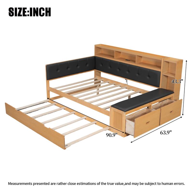 Full Size L-shape Daybed, Captains Bed with Trundle, Bookcase Built-in Charging Station, Upholstered Storage Bench and Headboard