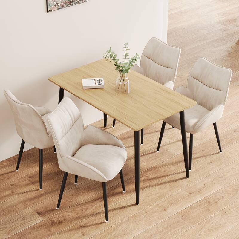 Stylish Dining Table Set for 4-6 People, 5-Piece Modern Wood Grain Table and Velvet Plush Chairs with Black Metal Legs