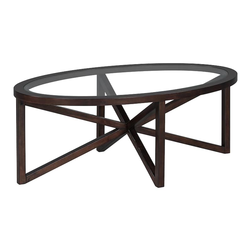 Modern simple glass coffee table, tempered glass coffee table solid wood base round transparent glass top