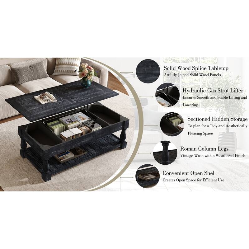 Retro Lift-Top Coffee Table with Hidden Compartment & Lower Storage Shelf for Living Room