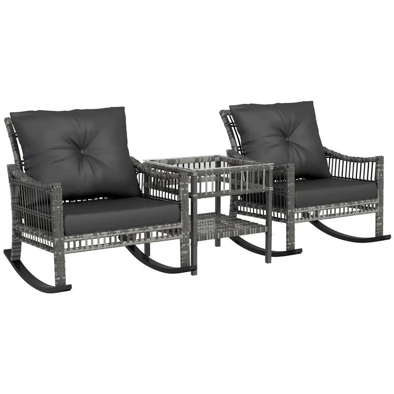 3 Piece Rattan Rocker Chair Set, Outdoor Rocking Chairs, Glass Table