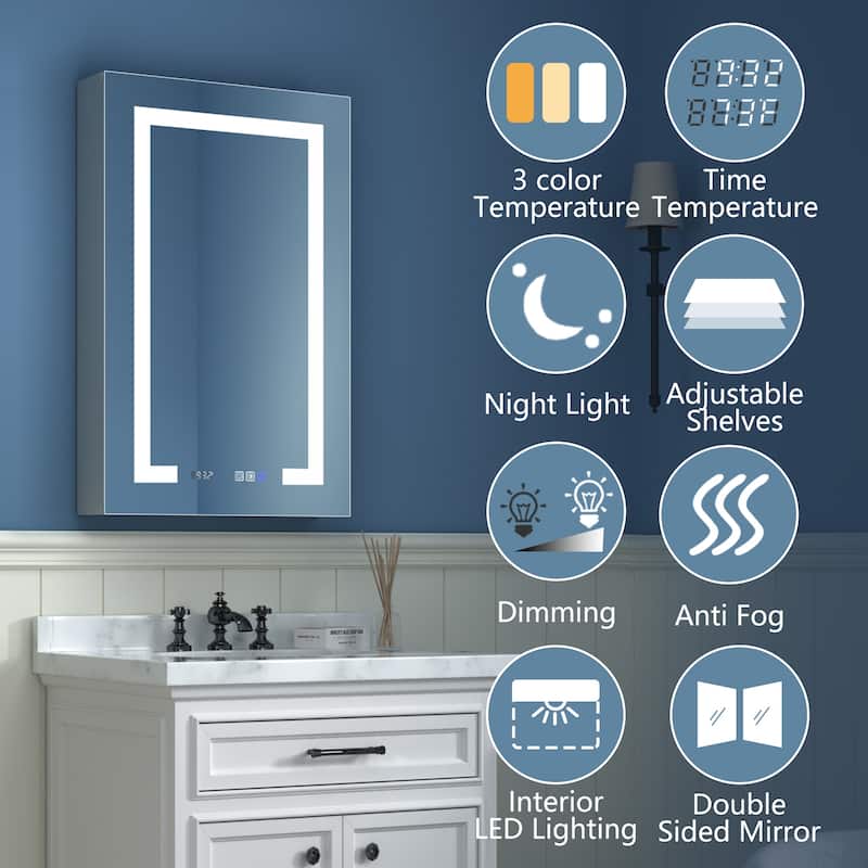 ExBrite LED Lighted Bathroom Medicine Cabinet with Mirror and Shelf,Recessed or Surface Mount,Defog, Stepless Dimming