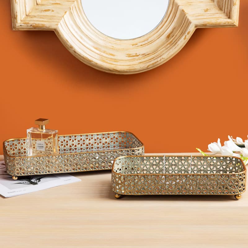 Glitzhome Set of 2 Rectangle Metal Gold Mirrored Decorative Trays -12"L & 14"L