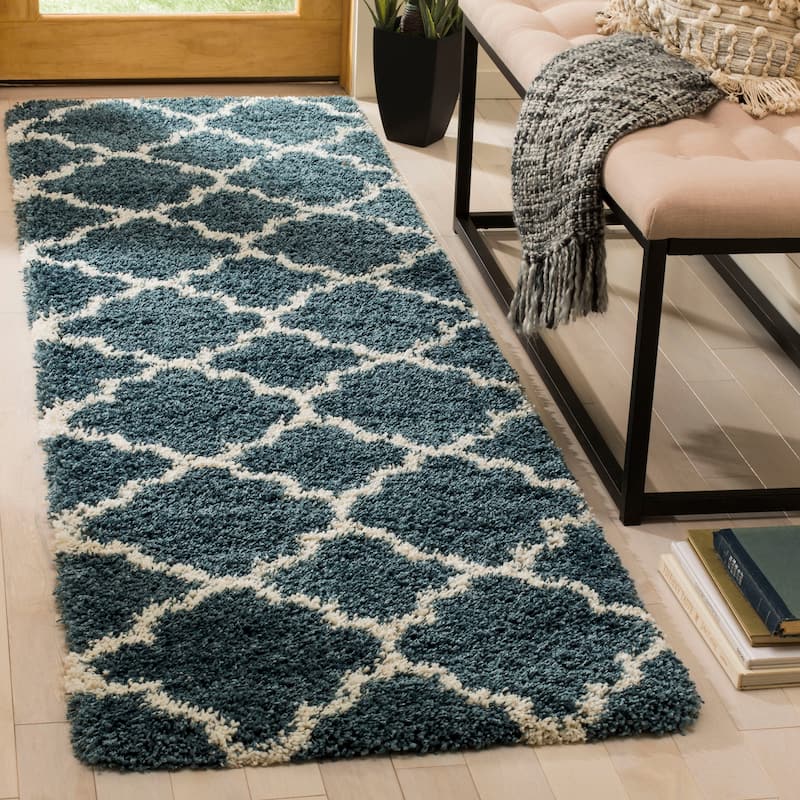SAFAVIEH Hudson Shag Jeryl Glam Trellis 2-inch Area Rug - 2'3" x 14' Runner - Slate Blue/Ivory