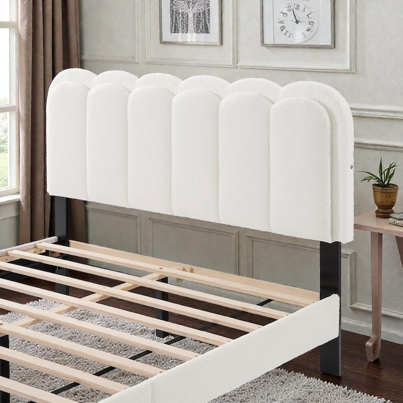 Cream Boucle Petal Headboard Bed Frame with Ambient Light, Full/Queen Soft Upholstered Bedroom Bed