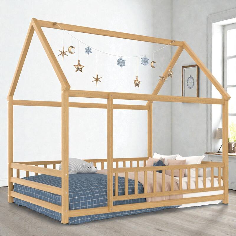 Wooden House Frame Floor Bed with Roof, Fence Guardrails, Pine Wood Kids Platform Bed for Bedroom