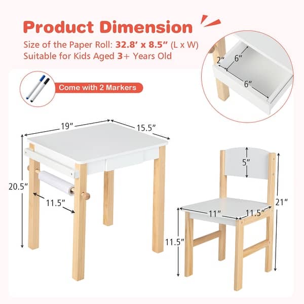 Kids Table and Chair Set Wooden Drawing Study Desk w Paper Roll Drawer