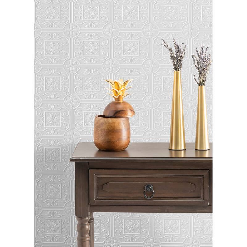 Vienne, White Tin Ceiling Scroll Paintable Wallpaper - White