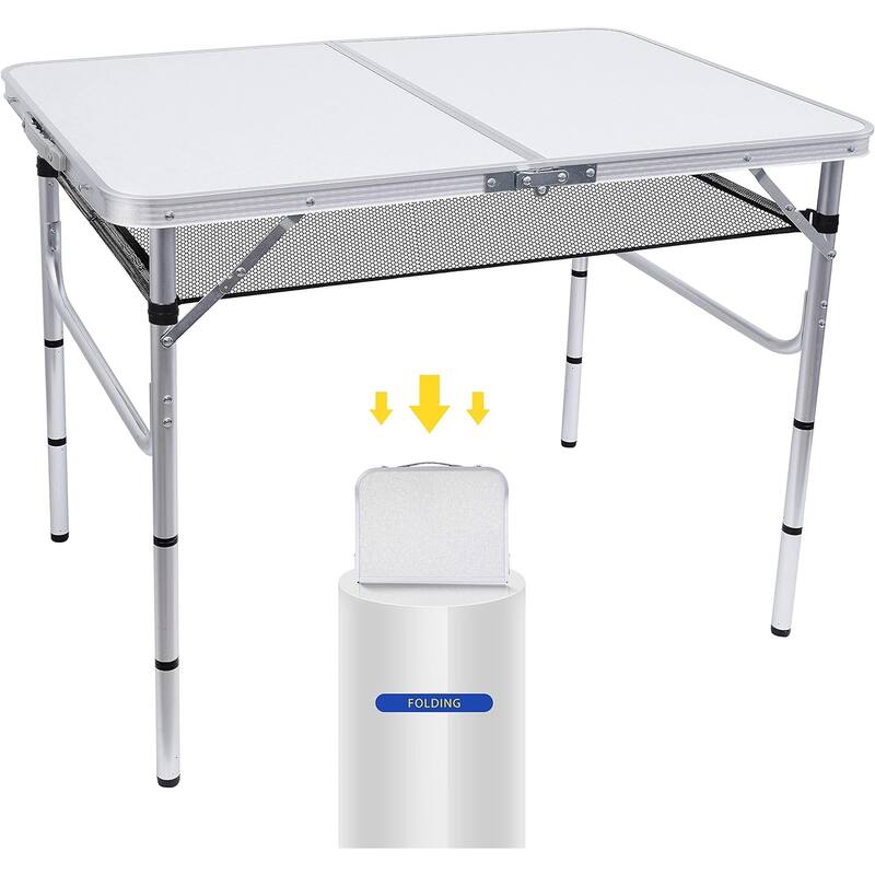 Card Table, Small Table, Folding Table, Adjustable 3-Level Heights Folding Camping Table with Mesh Holders - White 23.7''Dx35.5Wx27.8H