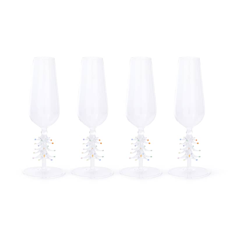Treetop Cheers Glass Champagne Flutes - Holiday Stemware, Set of 4