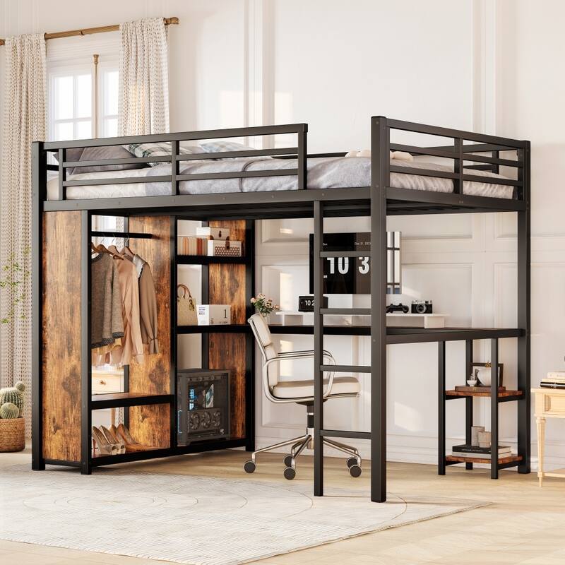 Queen Size Loft Bed Frame with Built-in Wardrobe,Desk and Storage Shelves