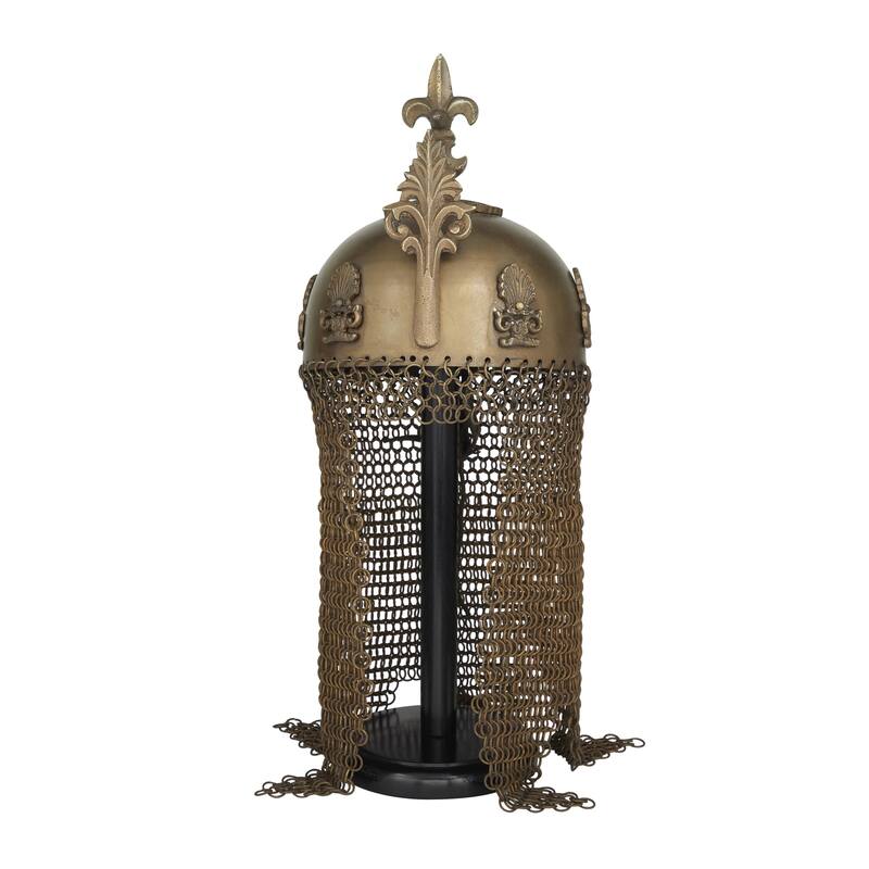 Metal Replica Medieval Ottoman Islamic Helmet with Black Wood Stand and Chainmail - Brass - Roche River Decor - Brass