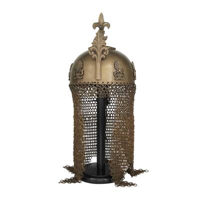 Metal Replica Medieval Ottoman Islamic Helmet with Black Wood Stand and Chainmail - Brass - Roche River Decor