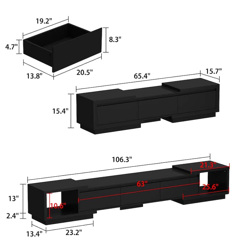 Modern Style Extendable TV Stand with 3Drawer White/Black 65.4"-106.3"