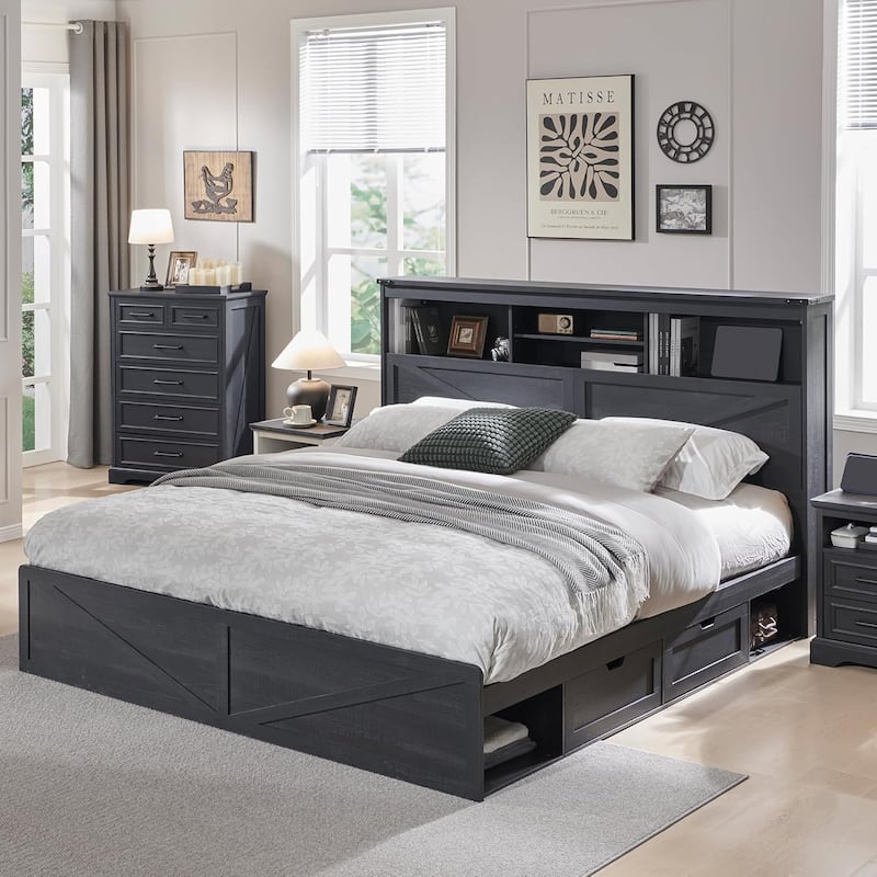 Farmhouse King Size Wood Bed Frame with Storage Headboard and Drawers - Black