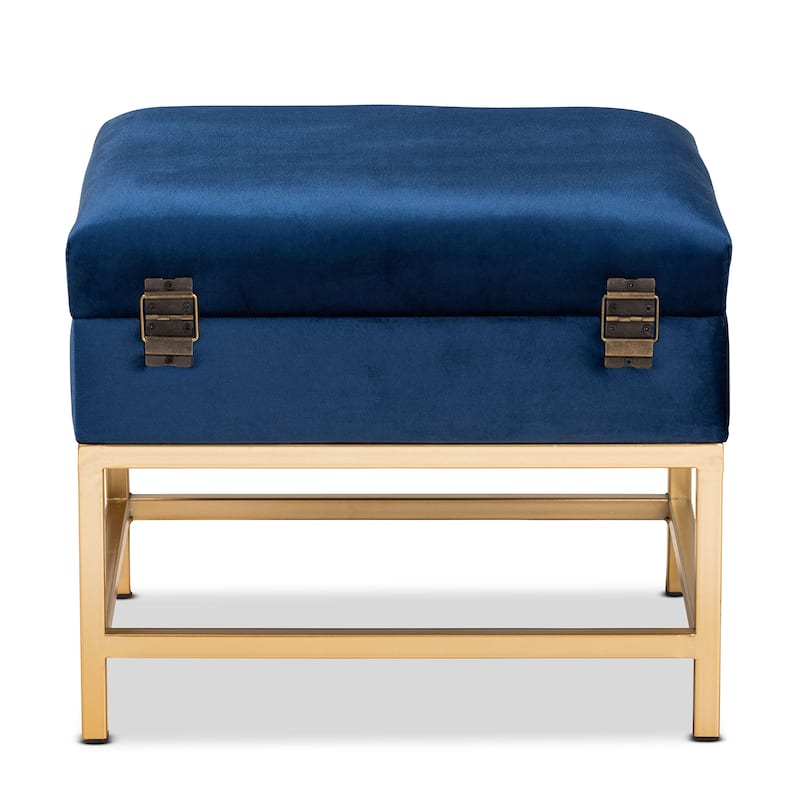 Aliana Glam and Luxe Velvet and Gold Metal Small Storage Ottoman