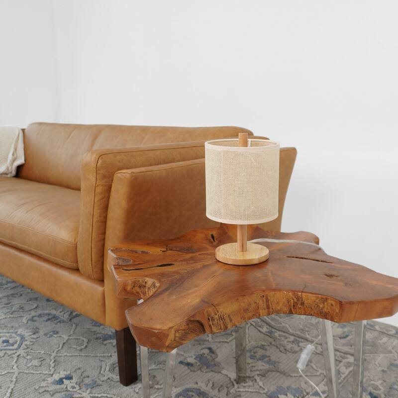Levio Table Lamp, Natural Oak Wooden Base with Linen Shade 110-120V Paper Rattan Weave Material Wood