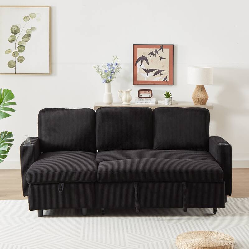 L-Shaped Corduroy Sofa Bed with Pull-Out Sleeper, Reversible Design