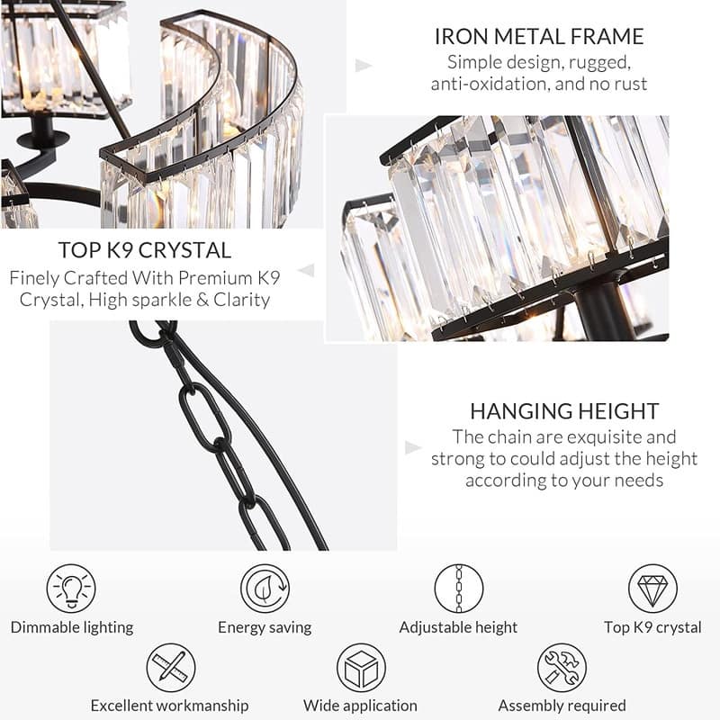 26 in. 6-Light Modern Farmhouse Crystal Chandelier Black Drum Kitchen Island Pendant Light