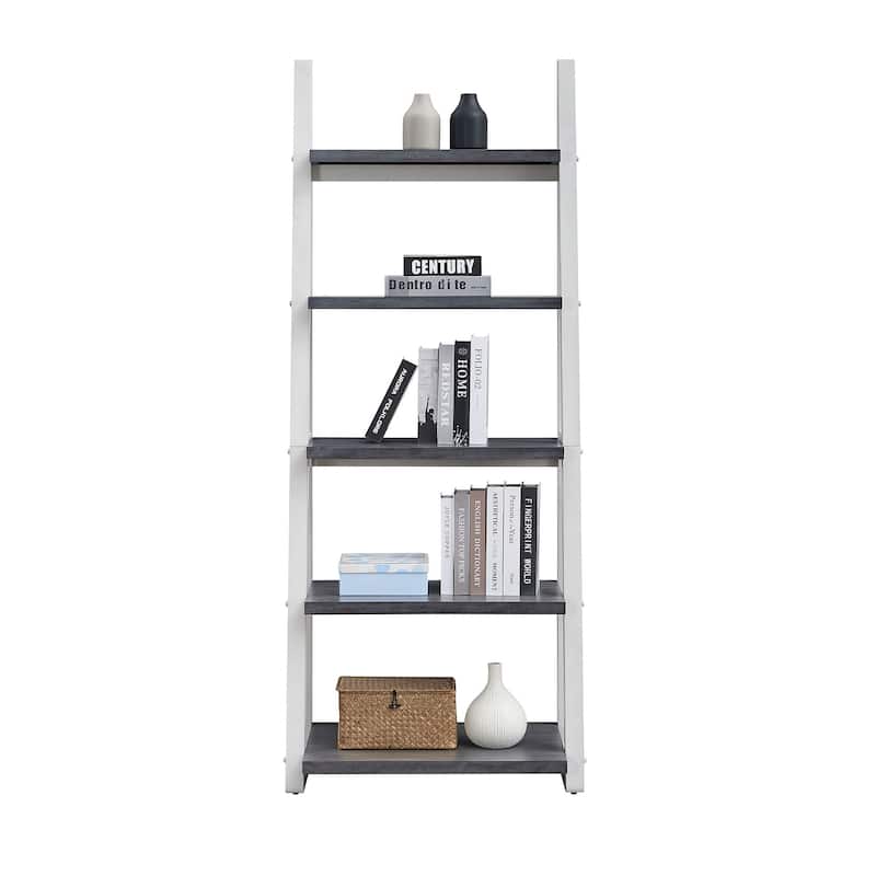 GDF Studio - Modern 5-Tier Ladder Bookshelf with Solid Rubber Wood Frame and MDF Shelves