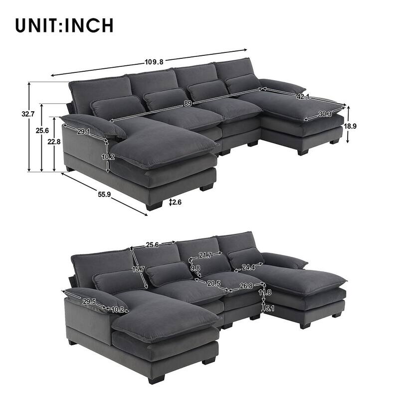 6-seat U-shaped Sectional Sofa, Sleeper Sectional with Waist Pillows for Living Room, Apartment